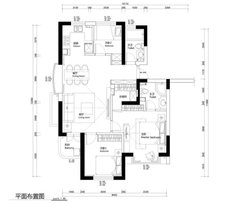 1平面布置图 今天带来的案例是一个130㎡的现代简约风格，设计师设计得很用心；比如在顶面梁体的地方做圆弧处理、巧妙划分各个功能区等，让各空间既独立又保持着联系，给人一种很强的整体感。.jpg